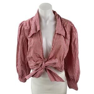 Maison Cleo Red Gingham Collared Long Puff Sleeve Wrap Tie Crop Blouse Top Sz M